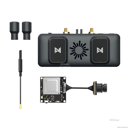 FPV video receiver bundle layout showing receiver, two antennas, coax cable, and camera module (RCDone)