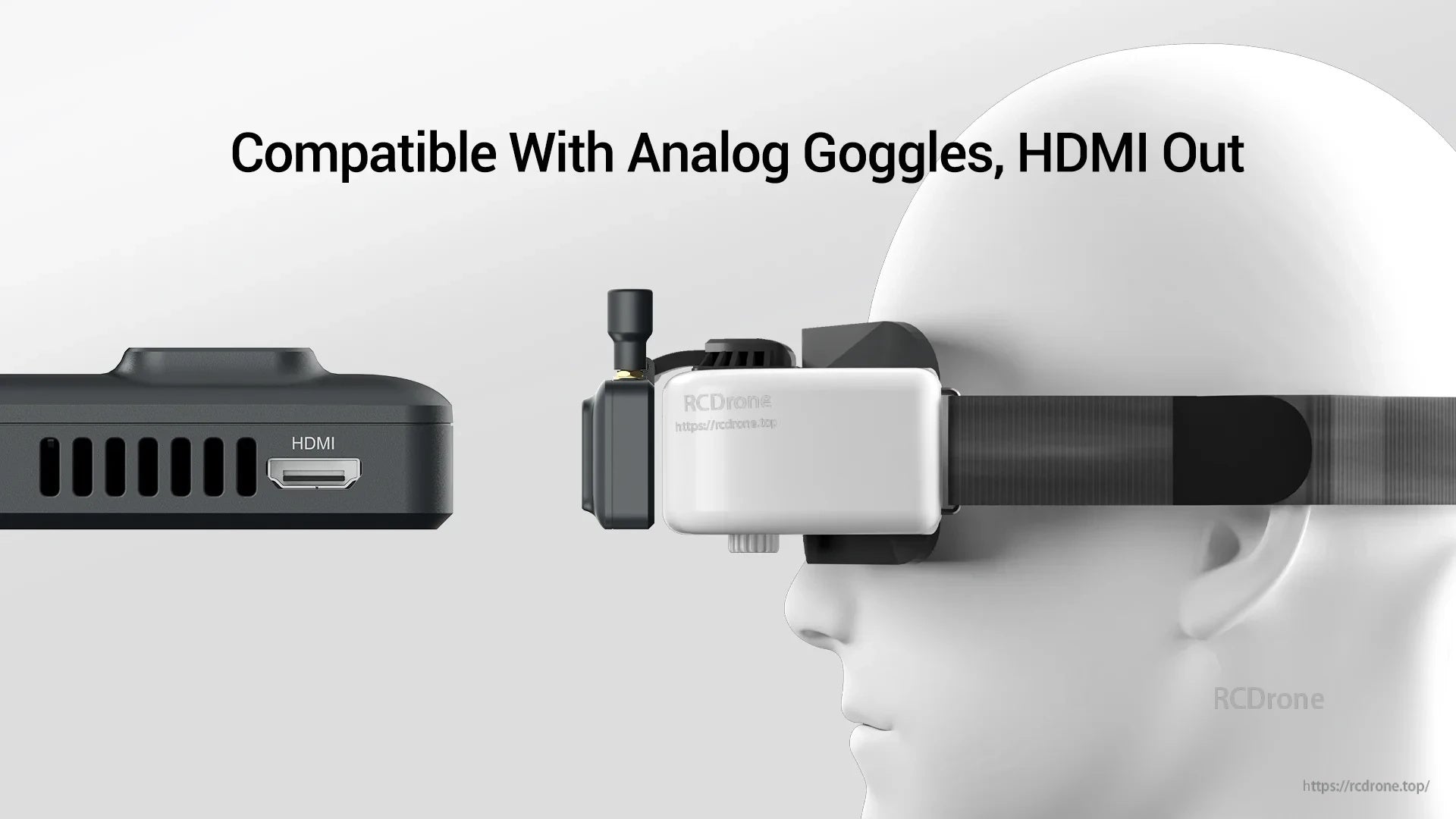 HDMI port on VRX for connecting to analog goggles or monitors via HDMI input (HDMI Out)