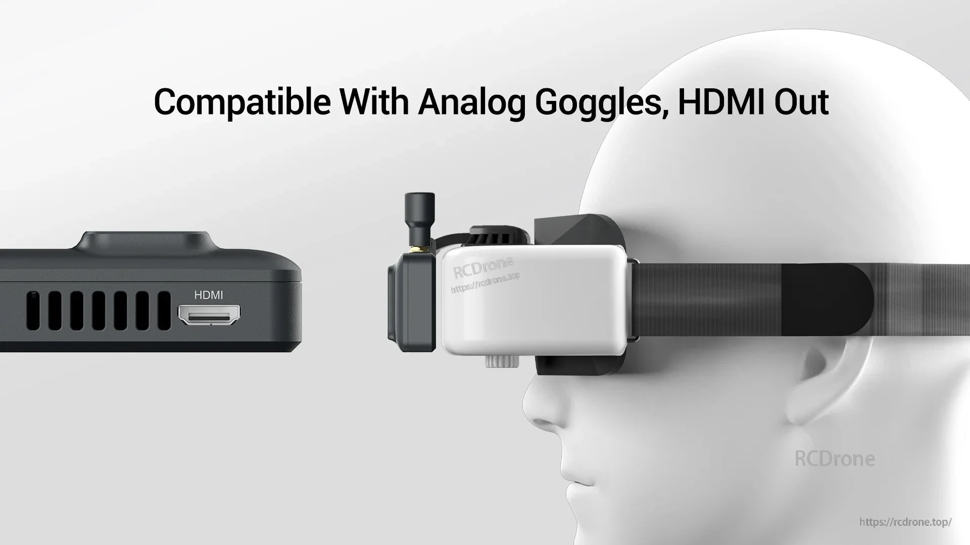 Close-up of VRX HDMI port and example connection to analog FPV goggles via HDMI input