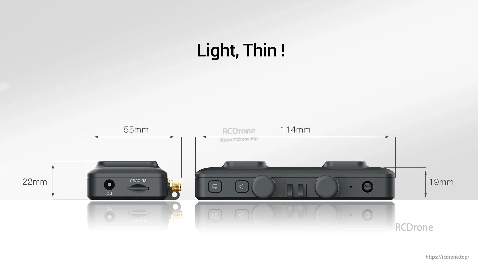 Walksnail Avatar FPV VRX size and profile showing 114 × 55 × 22 mm compact, low-profile receiver