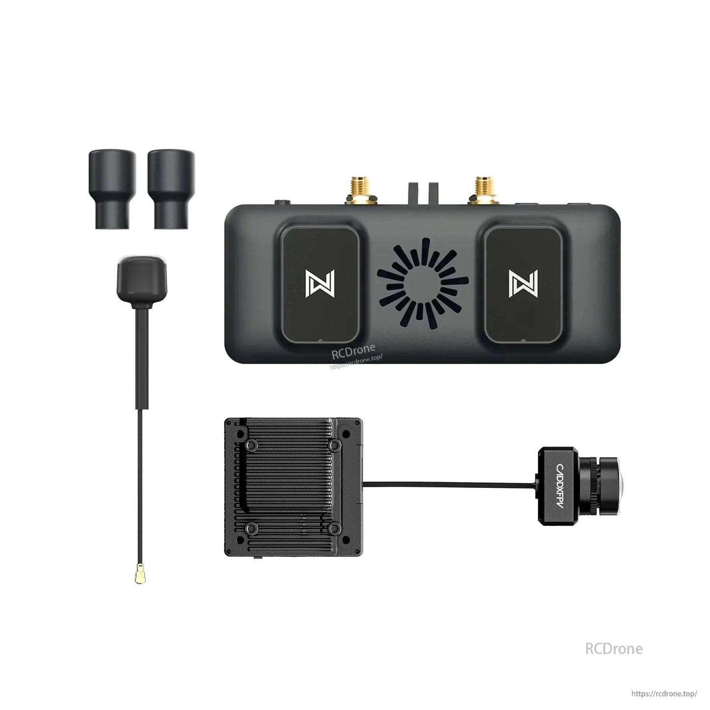 Walksnail Avatar VRX set with antennas, module board and FPV camera shown on white background with RCDrone watermark
