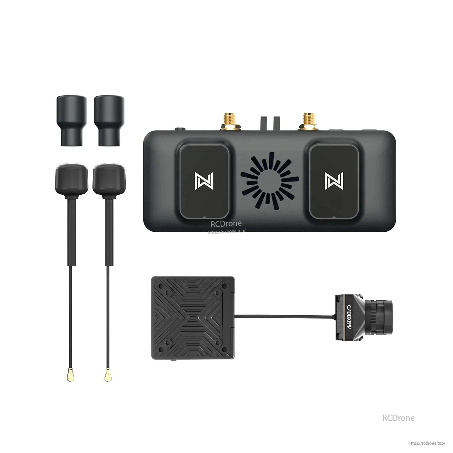 Full kit layout with receiver module, two antenna leads, camera and square VTX board (RCDRone watermark)