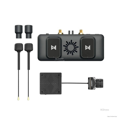 Full kit layout with receiver module, two antenna leads, camera and square VTX board (RCDRone watermark)