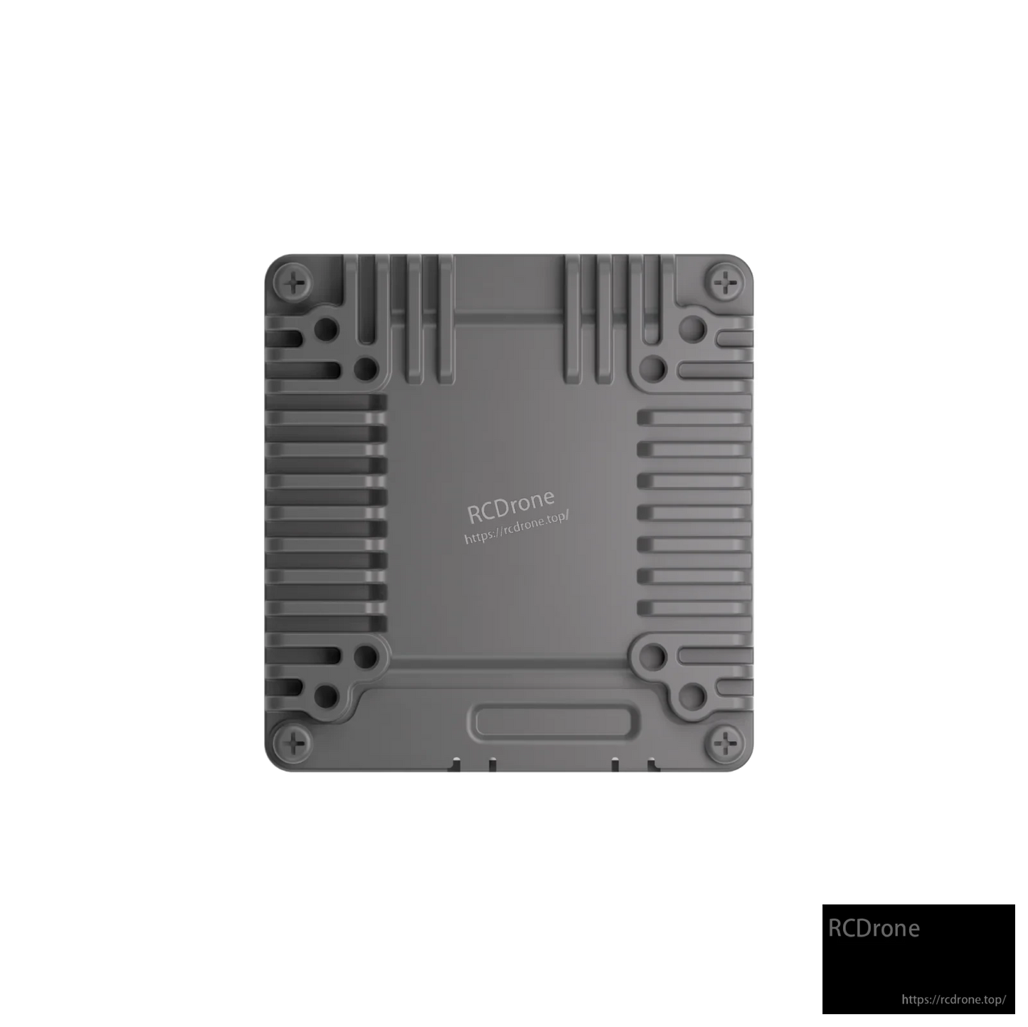 Bottom view of GT2 VTX module with mounting plate, screw holes, and ribbed housing
