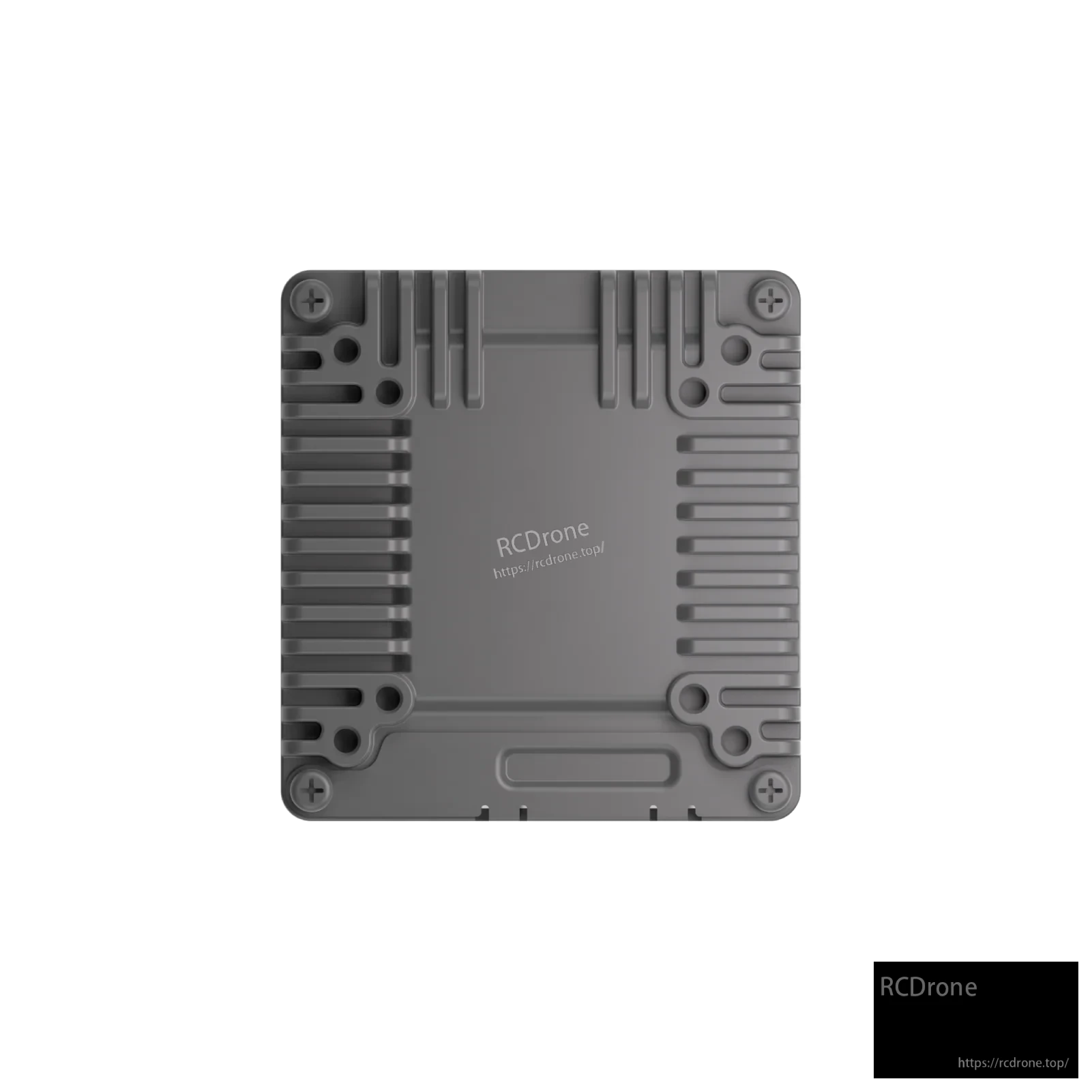 Bottom view of GT2 VTX module with mounting plate, screw holes, and ribbed housing