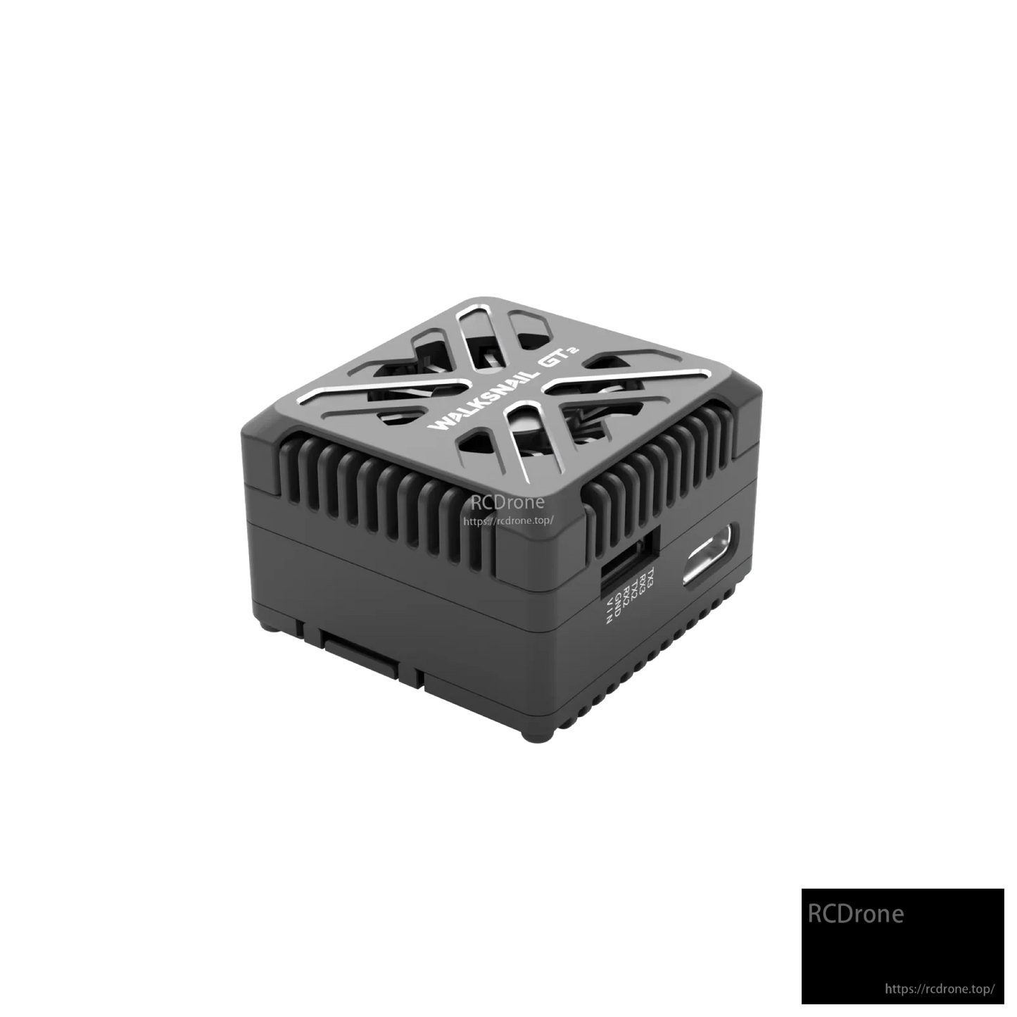 Walksnail Avatar GT2 VTX angled view showing USB-C port side and vented top cover