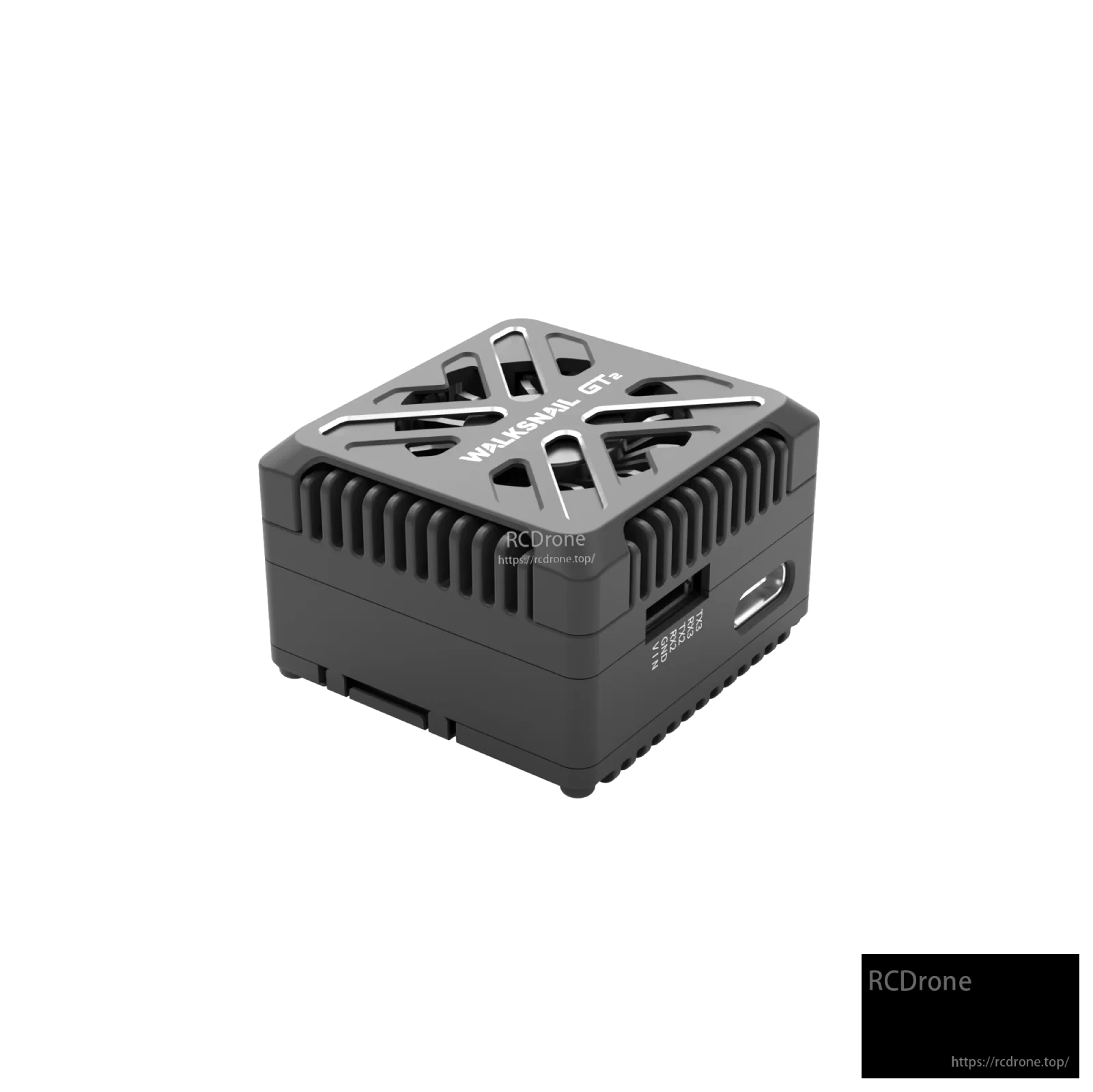Walksnail Avatar GT2 VTX angled view showing USB-C port side and vented top cover