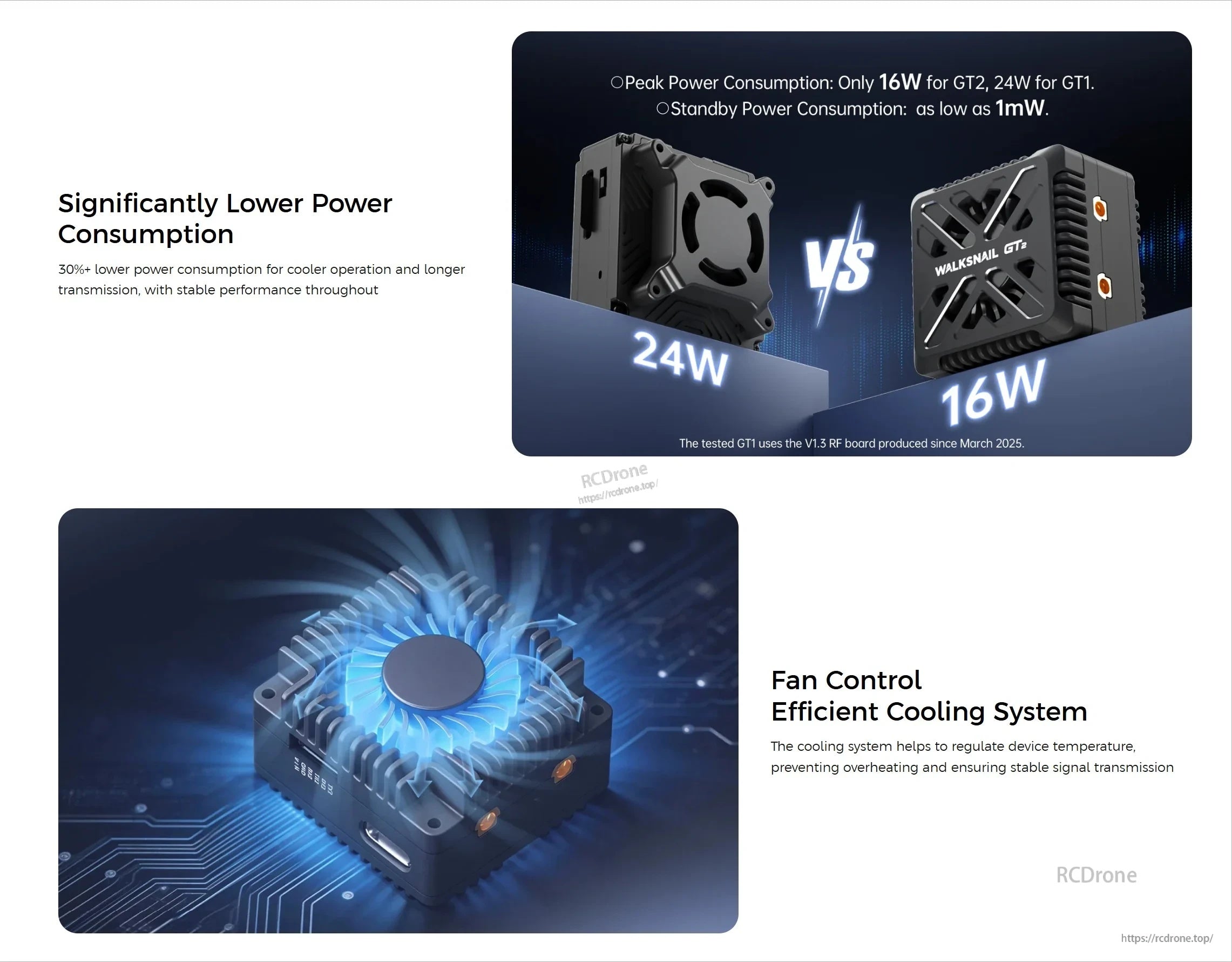 Power consumption and cooling fan overview for Walksnail Avatar GT2 VTX compared with a higher-watt system