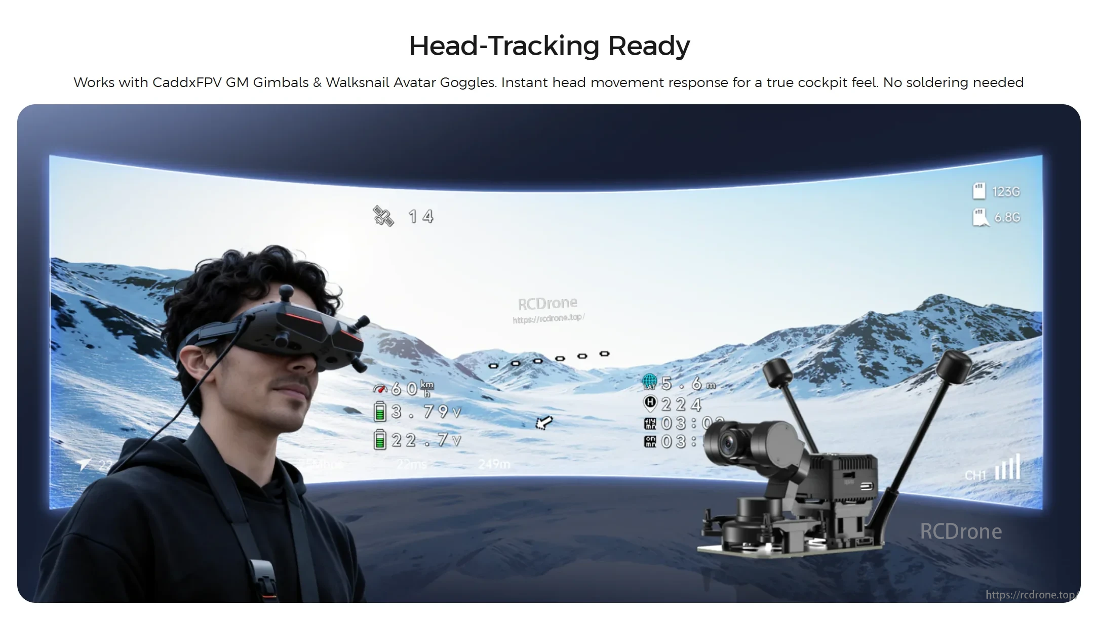 Head-tracking ready setup with Walksnail Avatar Goggles and compatible gimbal for responsive FPV camera movement