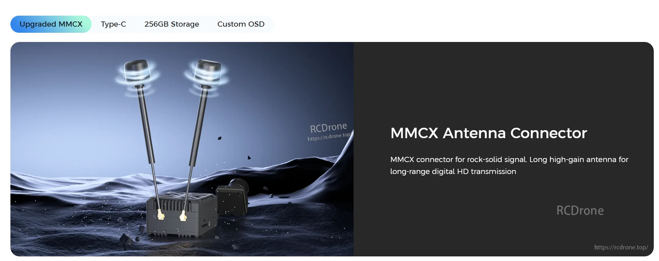 MMCX antenna connector detail on the GT2 VTX for secure 5.8GHz digital FPV antenna connection