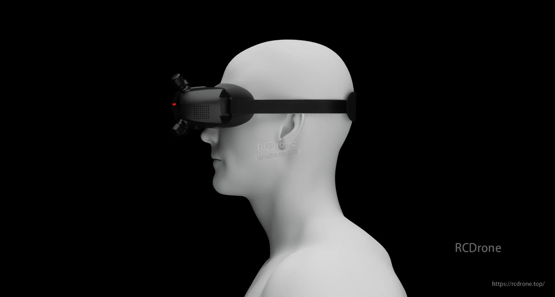 Side profile of a person wearing the FPV goggles with head strap, illustrating overall fit and balance