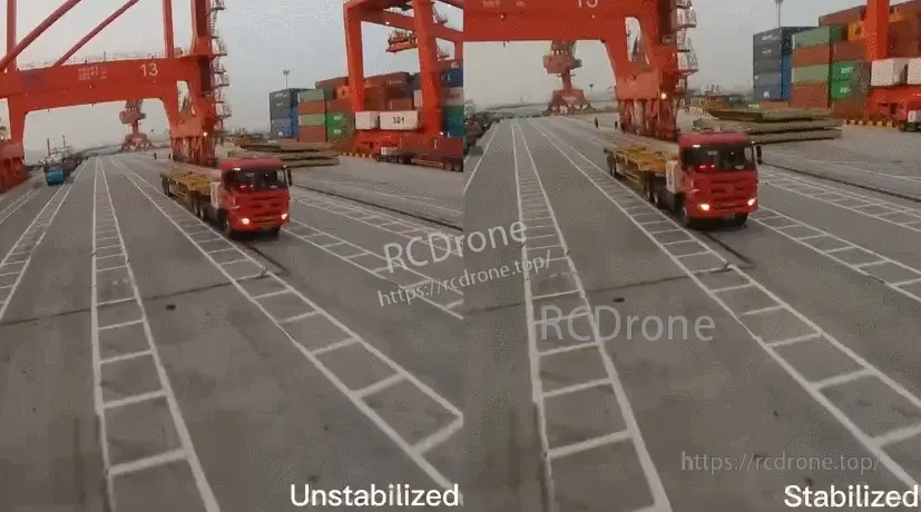 Stabilization comparison still: FPV footage labeled Unstabilized vs Stabilized (Gyroflow workflow example)