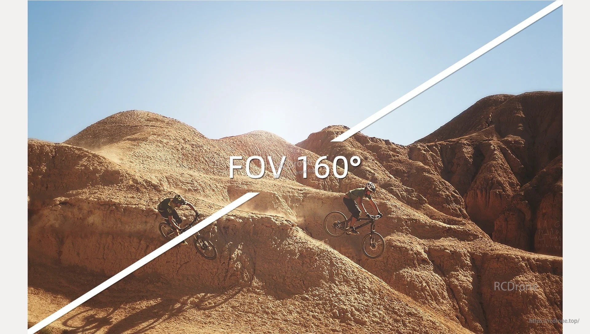Wide-angle action scene with on-image text “FOV 160°”, illustrating the camera’s ultra-wide field of view
