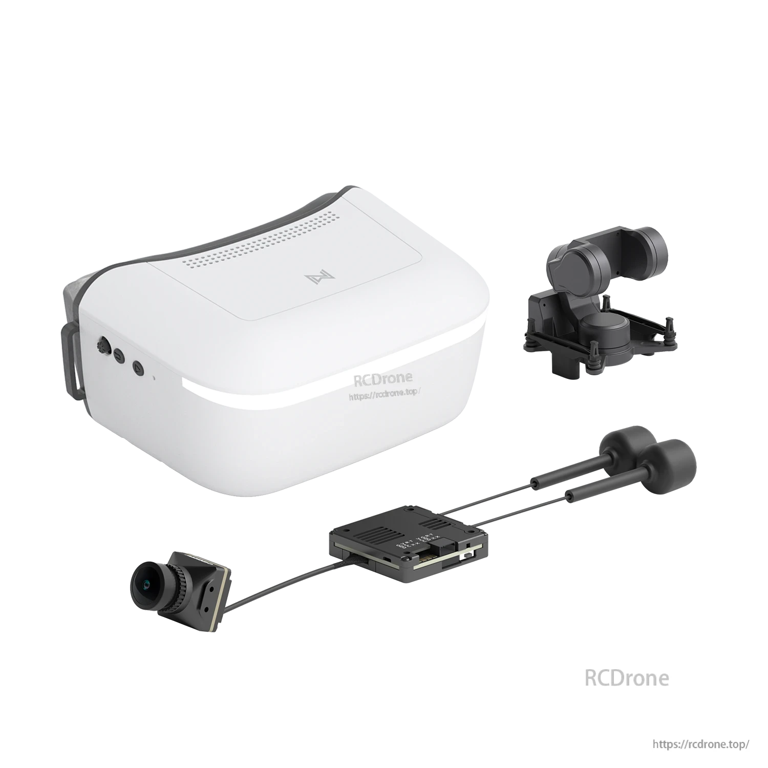 White FPV goggle kit components laid out: goggles, camera, receiver board and antennas (RCDRone watermark)