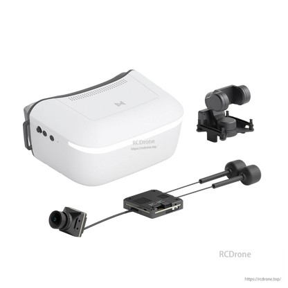 White FPV goggle kit components laid out: goggles, camera, receiver board and antennas (RCDRone watermark)