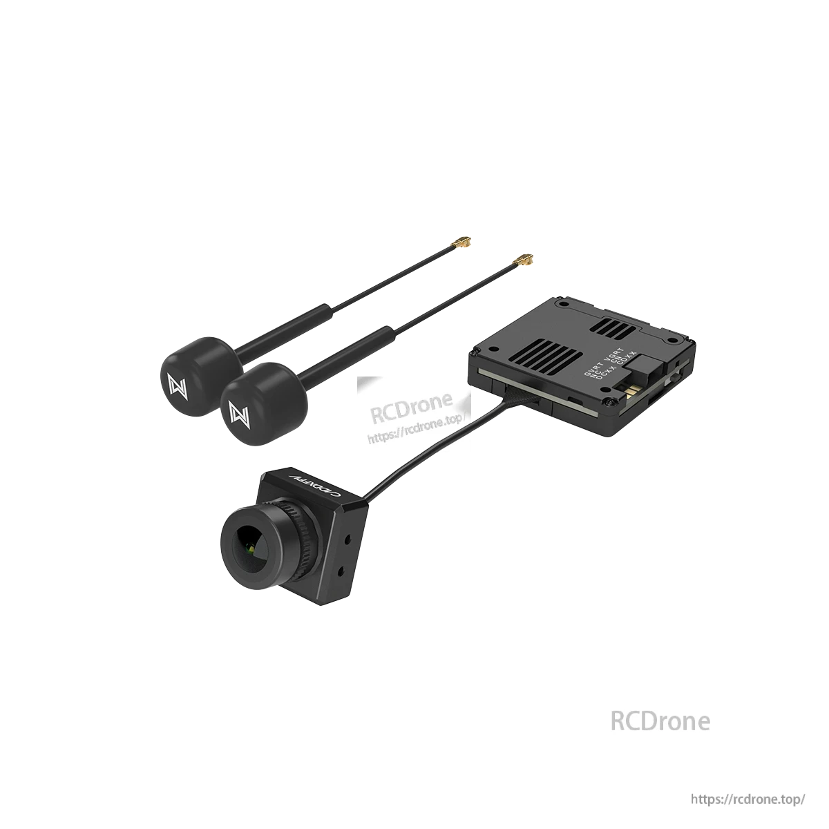 FPV camera kit with lens camera, receiver/module box and dual antennas, shown separated on black