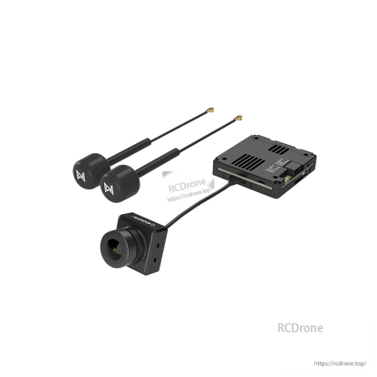 FPV camera kit with lens camera, receiver/module box and dual antennas, shown separated on black