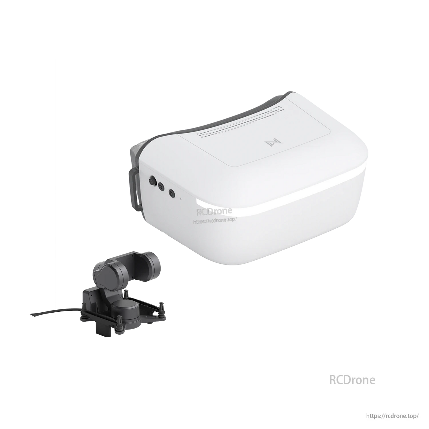 White FPV goggles angled view showing side ports/buttons, with GM3 gimbal camera on mount