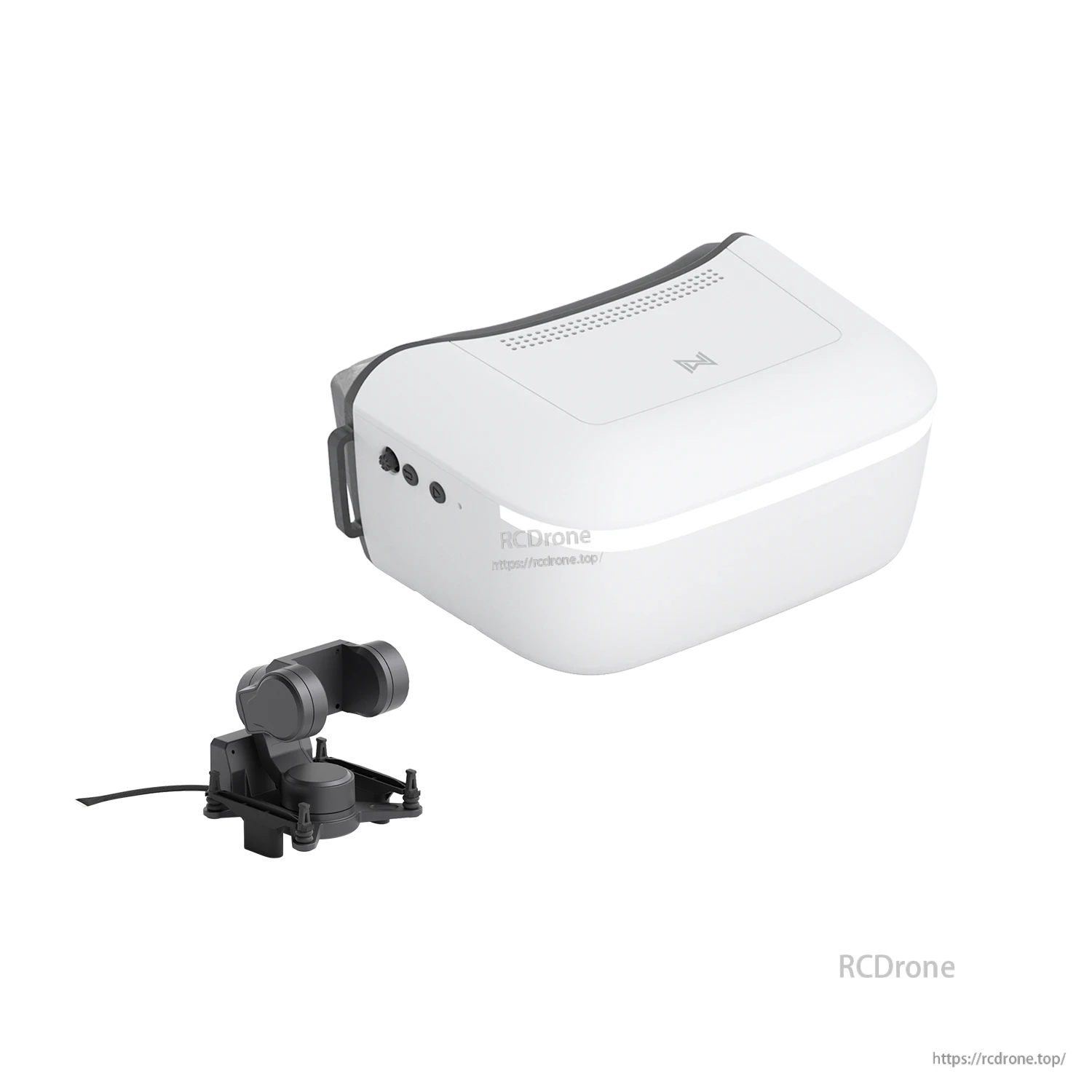 White FPV goggles angled view showing side ports/buttons, with GM3 gimbal camera on mount