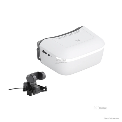 White FPV goggles angled view showing side ports/buttons, with GM3 gimbal camera on mount