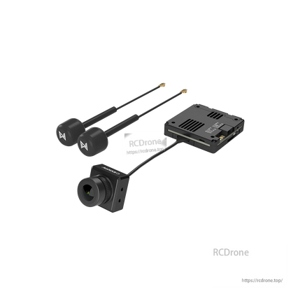 Included kit parts close-up: FPV camera, module unit, and two antennas for the goggles
