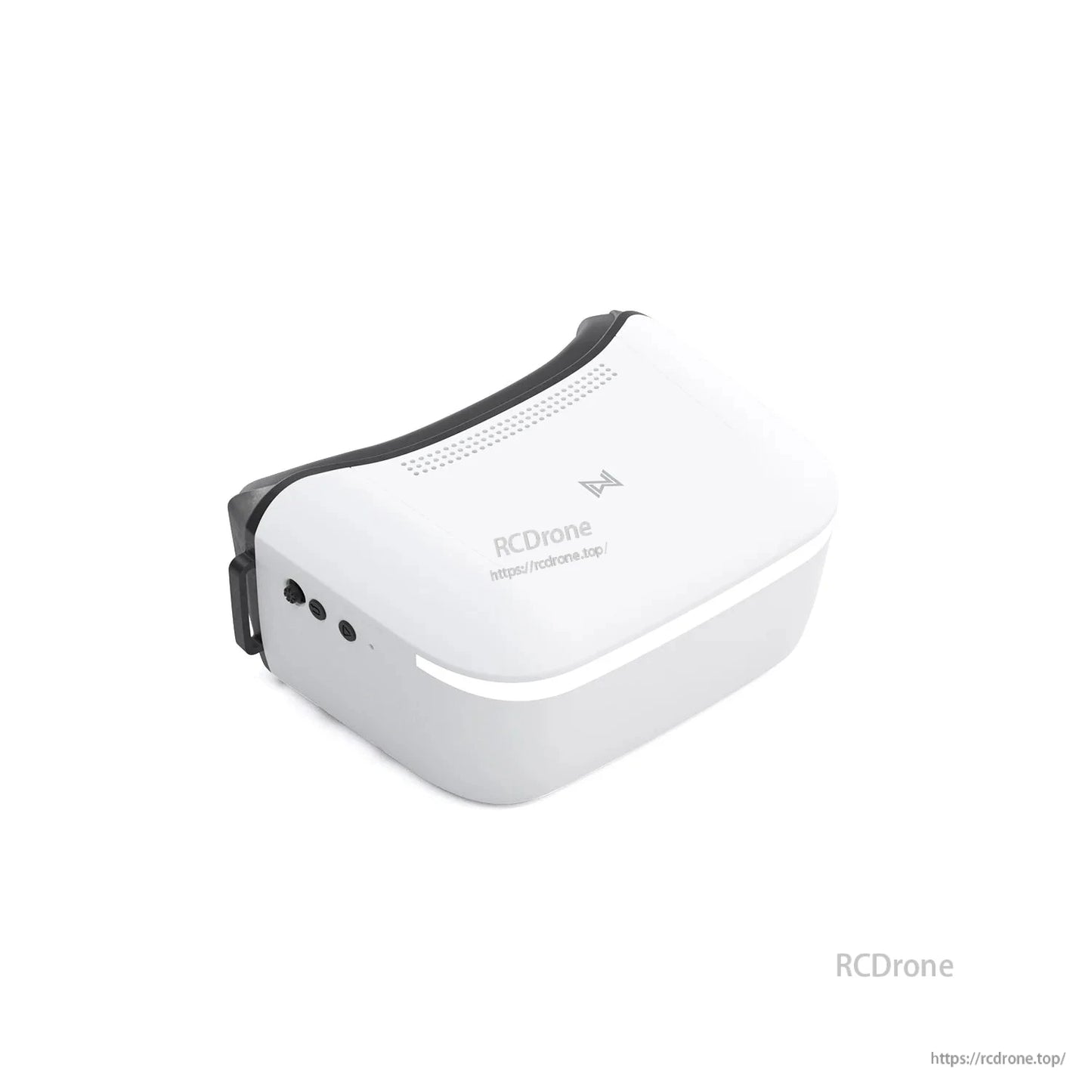 Angled view of white FPV goggles showing side buttons and top vents, with RCDRone watermark on image
