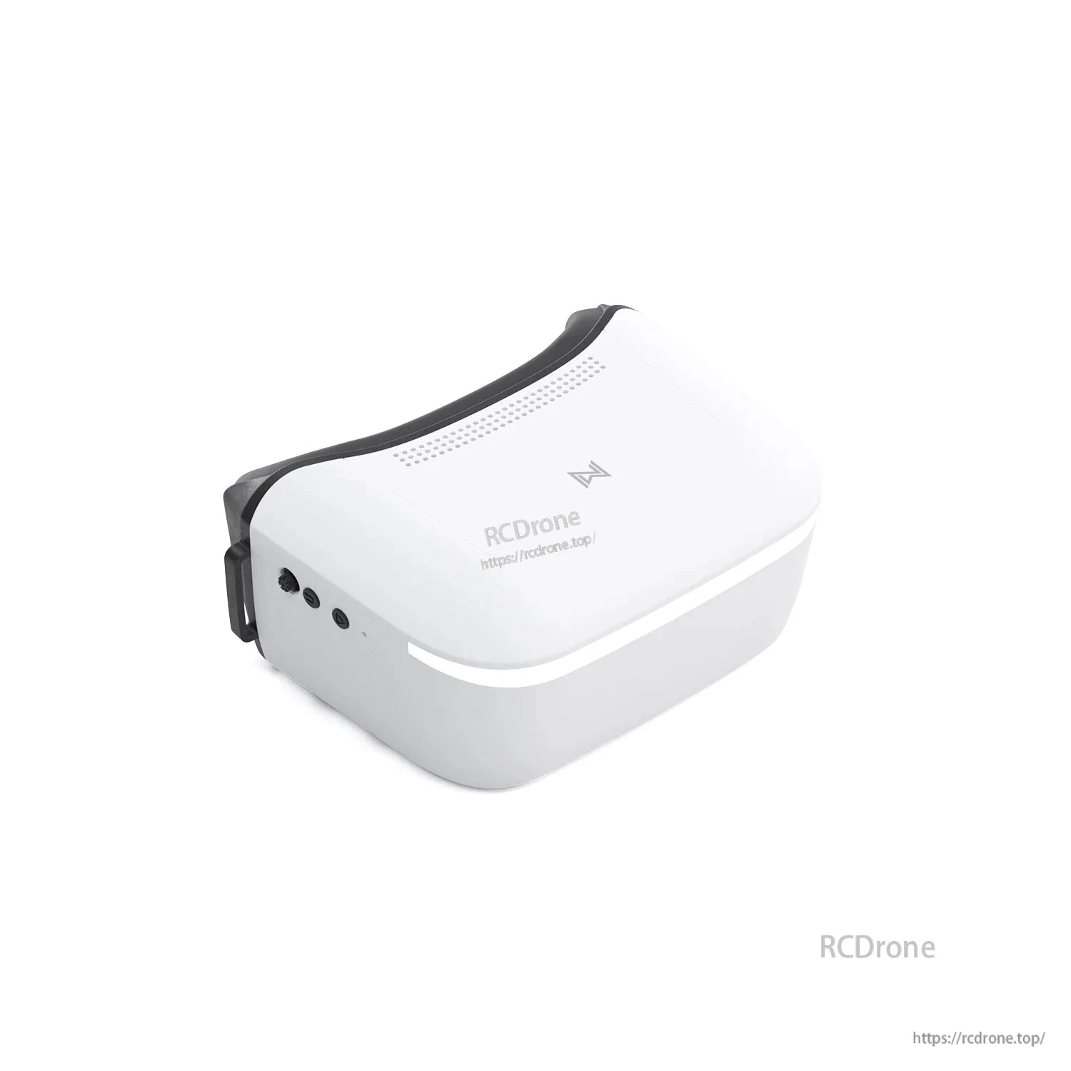 Angled view of white FPV goggles showing side buttons and top vents, with RCDRone watermark on image