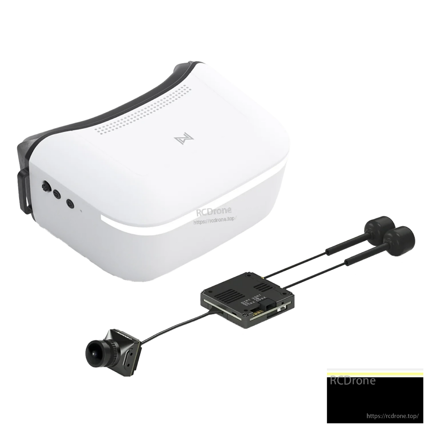 White FPV goggles with side ports, plus connected HD camera, transmitter module, and antenna pair