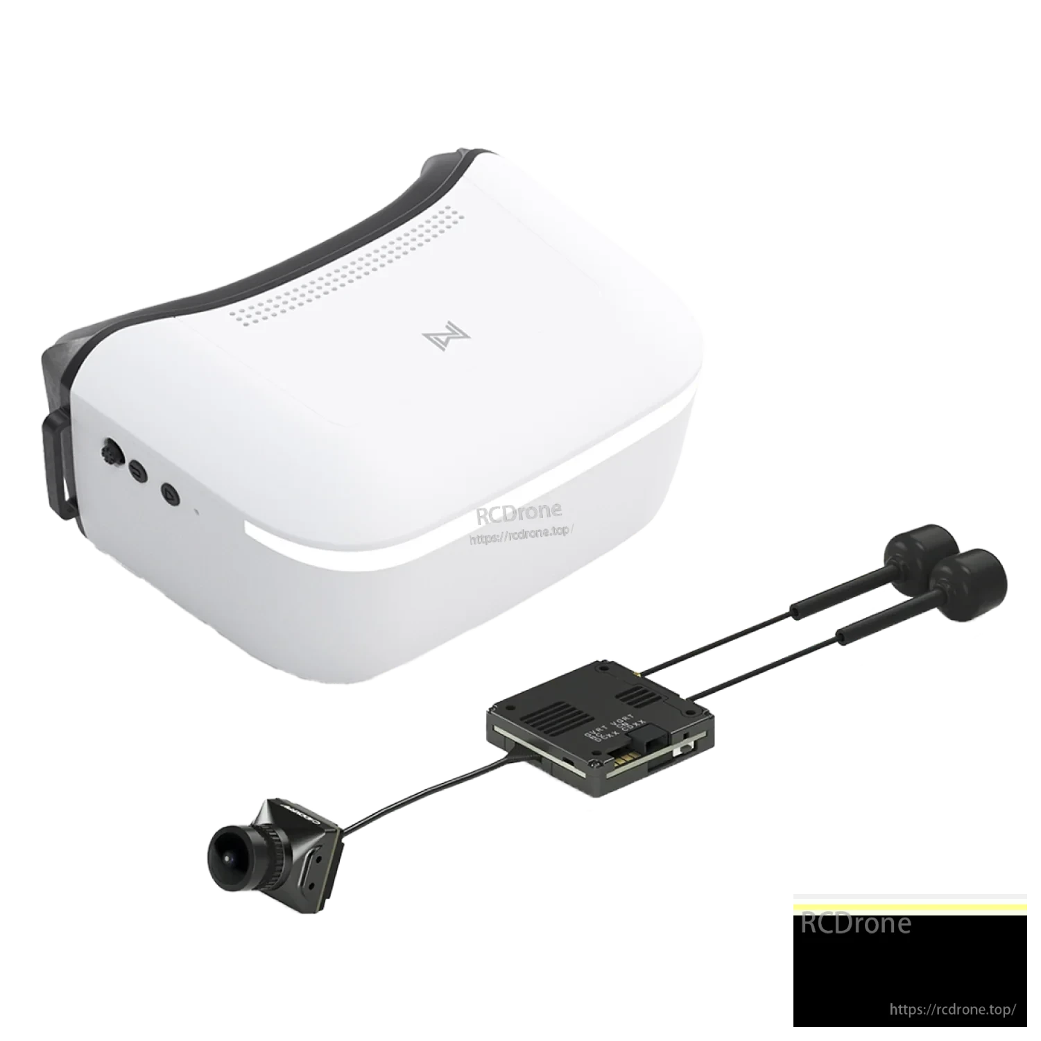White FPV goggles with side ports, plus connected HD camera, transmitter module, and antenna pair