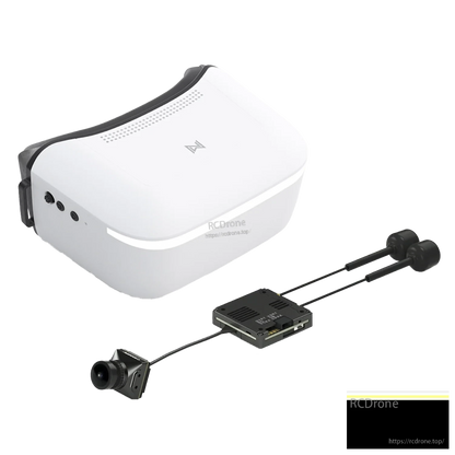 White FPV goggles with side ports, plus connected HD camera, transmitter module, and antenna pair