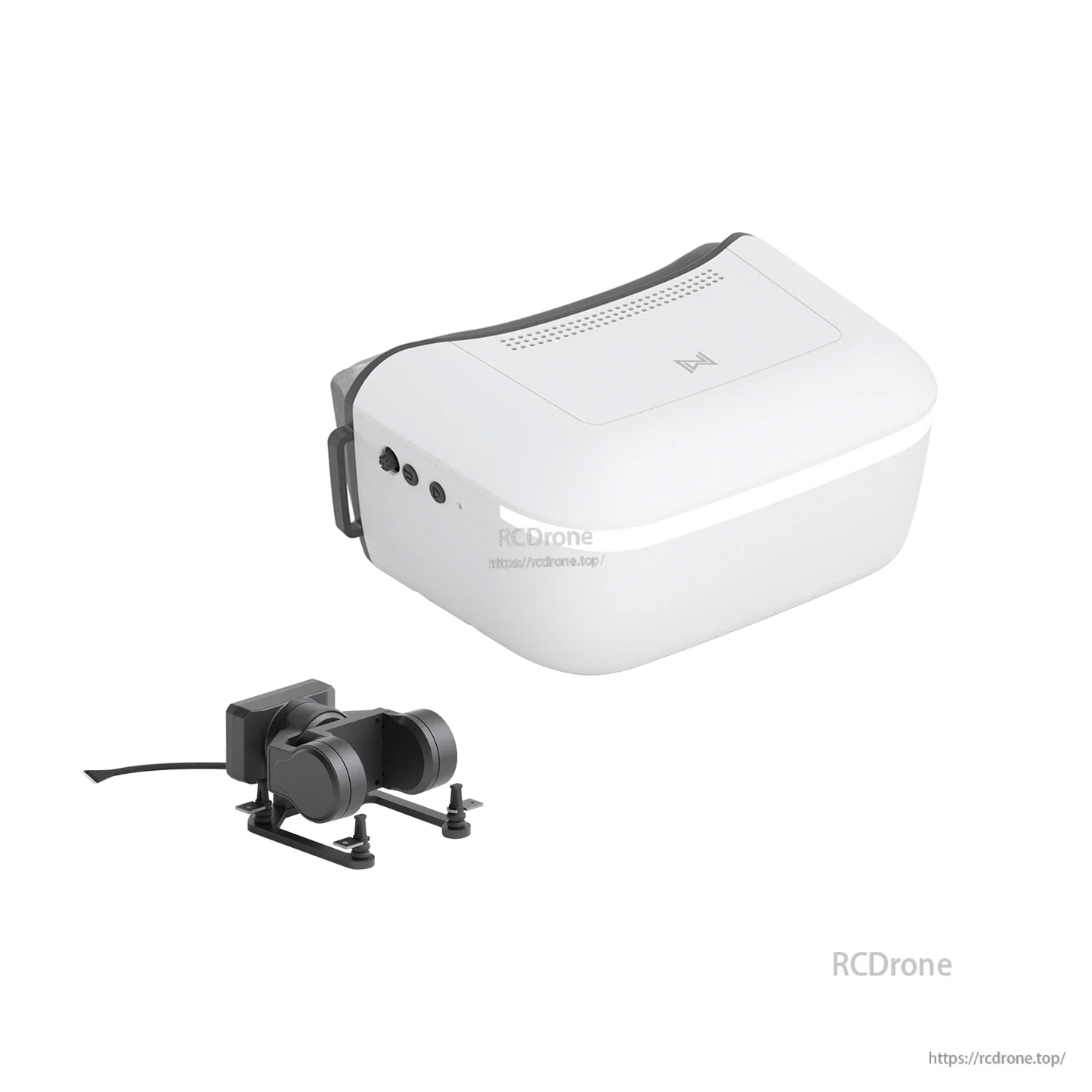 White FPV goggles with three-button side panel and included camera module, angled product view