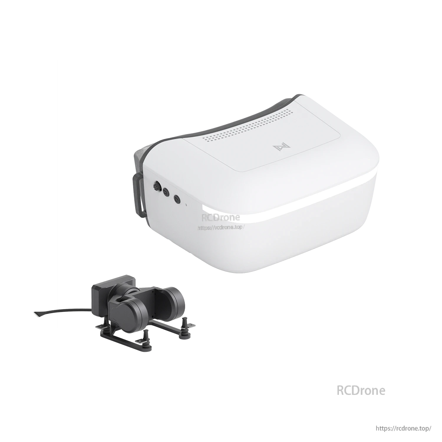White FPV goggles with three-button side panel and included camera module, angled product view