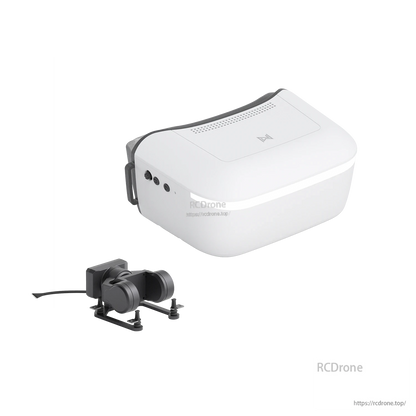White FPV goggles with three-button side panel and included camera module, angled product view