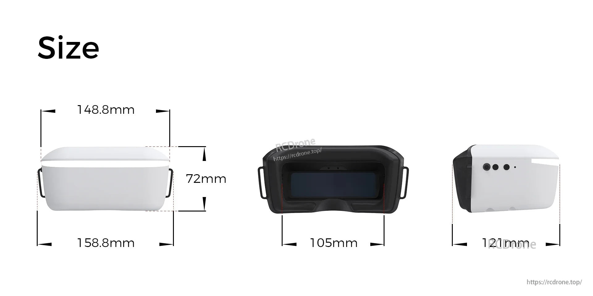 Walksnail Avatar HD Goggle dimensions diagram with width, height, and front opening measurements