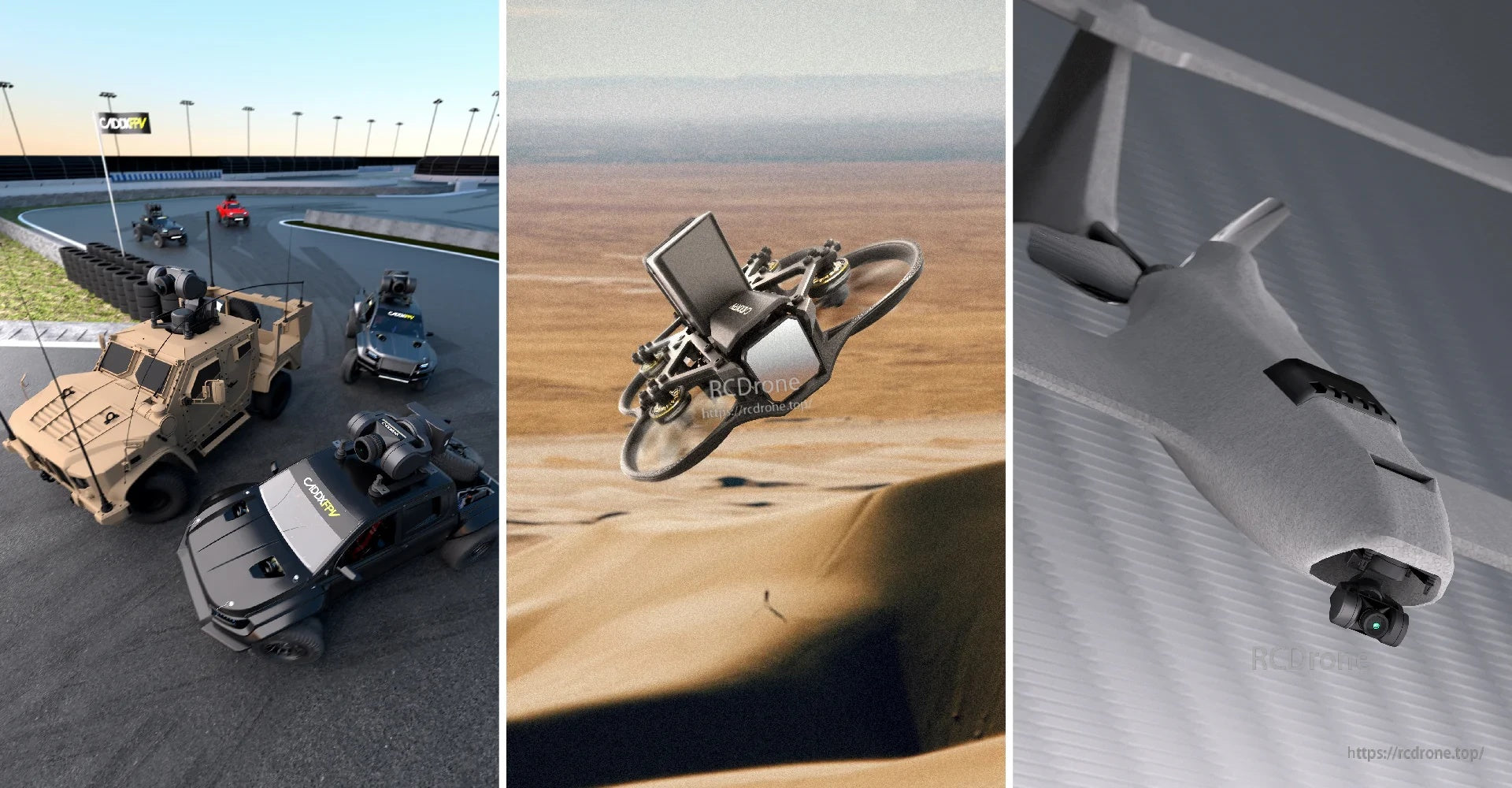 FPV applications collage: RC vehicles, drone flight, and fixed-wing aircraft