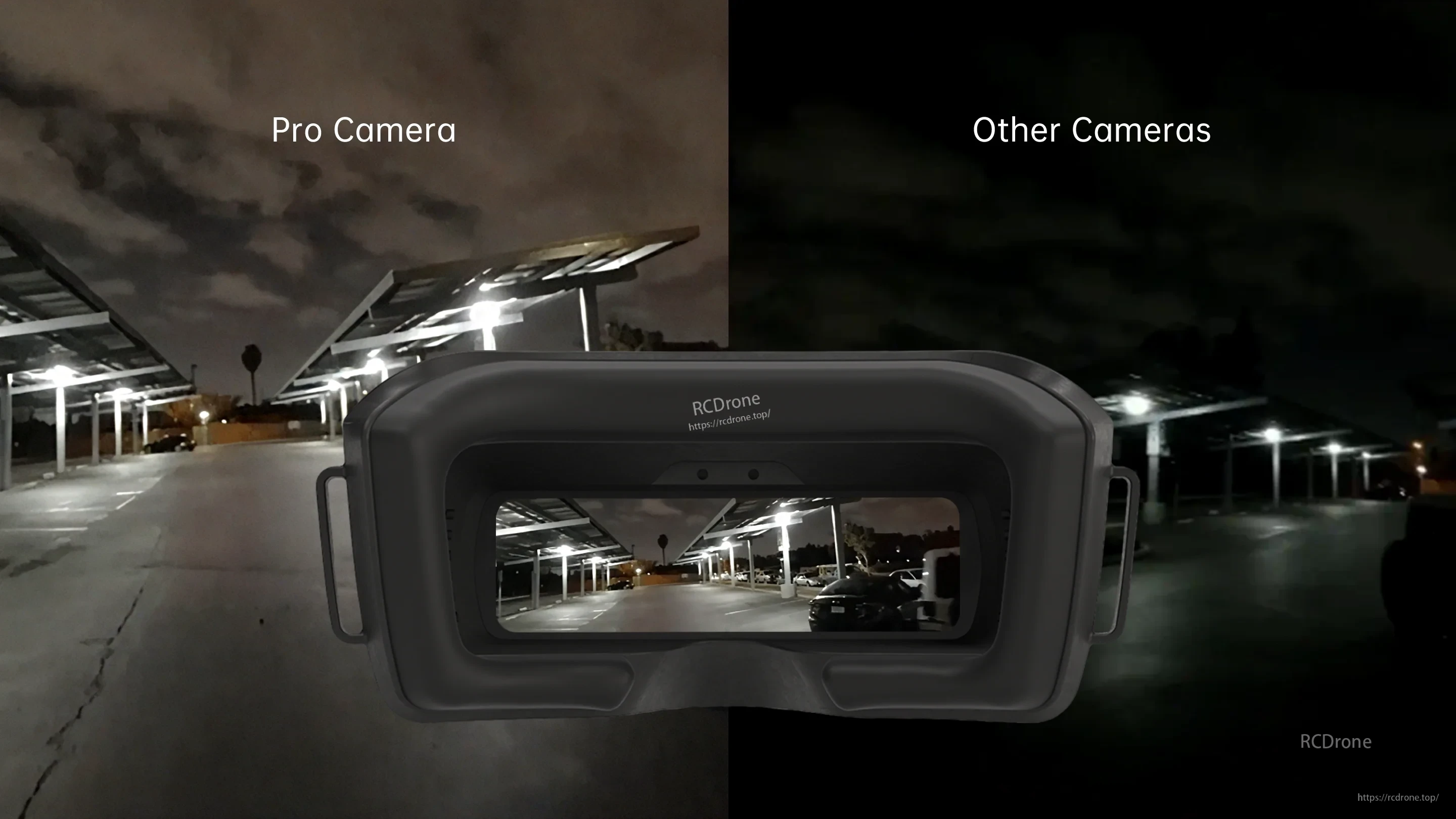 Low-light comparison view: Pro camera vs other cameras through the Walksnail goggles screen