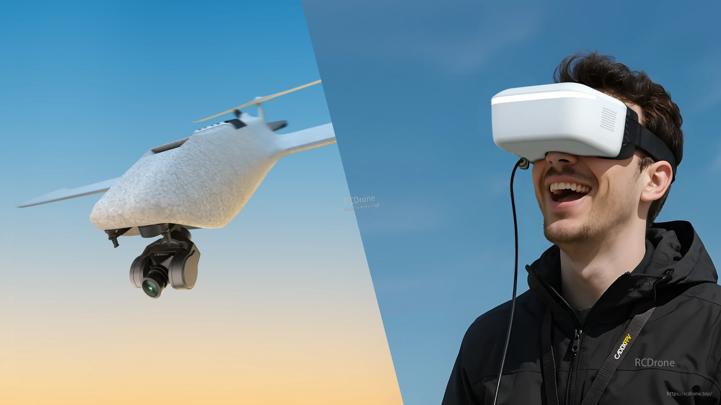 FPV pilot wearing Walksnail HD goggles with an aircraft-mounted gimbal camera for head-tracked flying