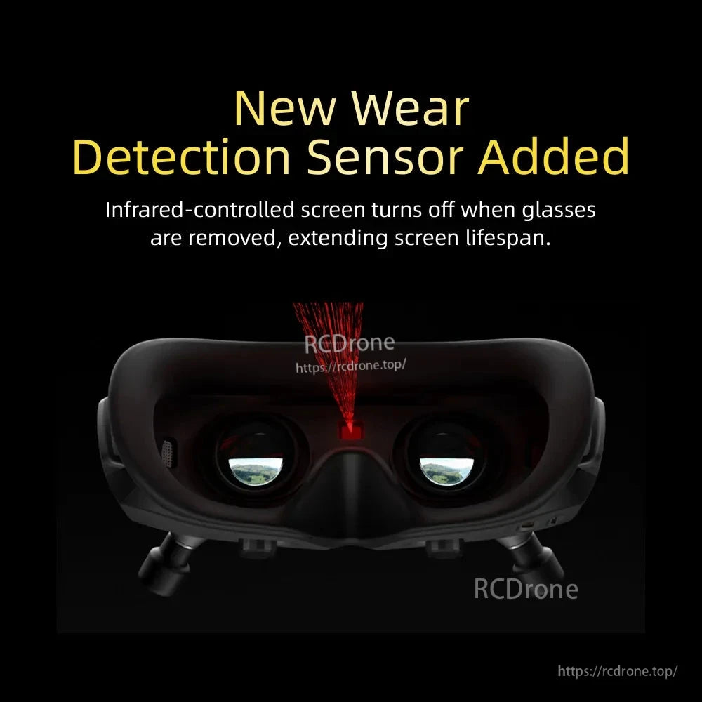 Wear detection sensor feature graphic; infrared-controlled screen turns off when goggles are removed