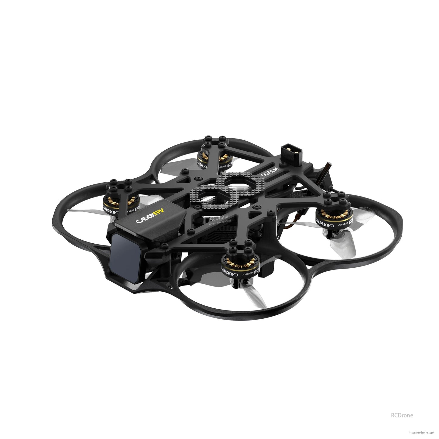 Compact ducted FPV drone close-up, showing frame layout, motors and front camera module
