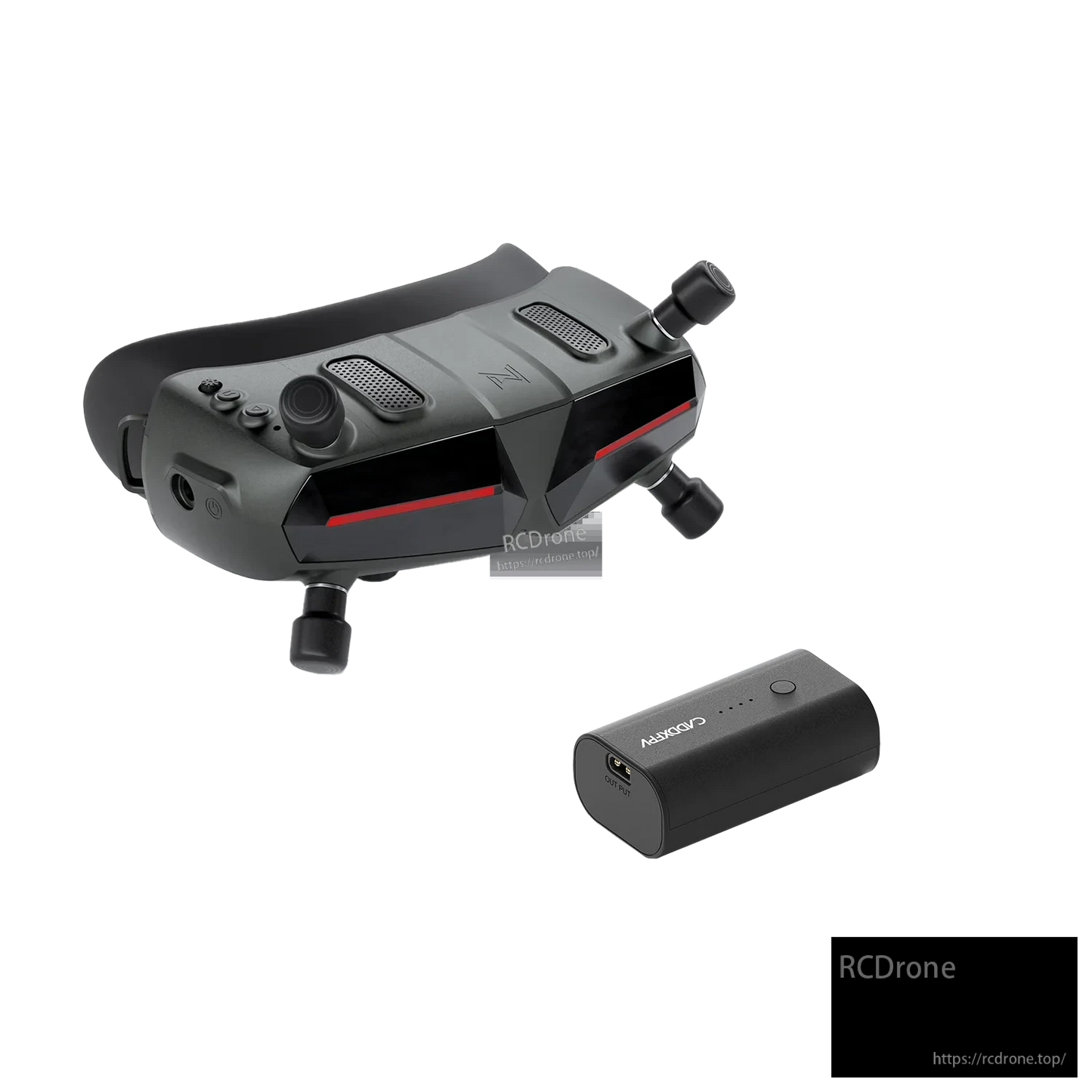 Angled top view of FPV goggles and battery pack with RCDRONE watermark and website text