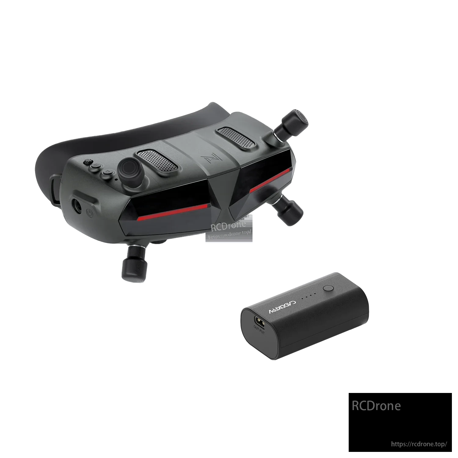 Angled top view of FPV goggles and battery pack with RCDRONE watermark and website text