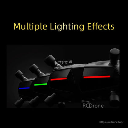 Multiple lighting effects graphic showing goggles front LEDs in blue, green and red modes