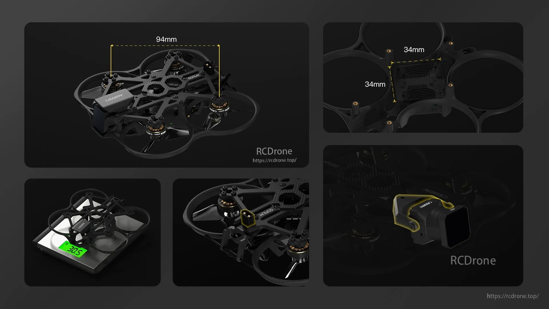 Gofilm 20 dimension and detail collage showing 94 mm wheelbase, 34 mm duct spacing and camera module close-ups