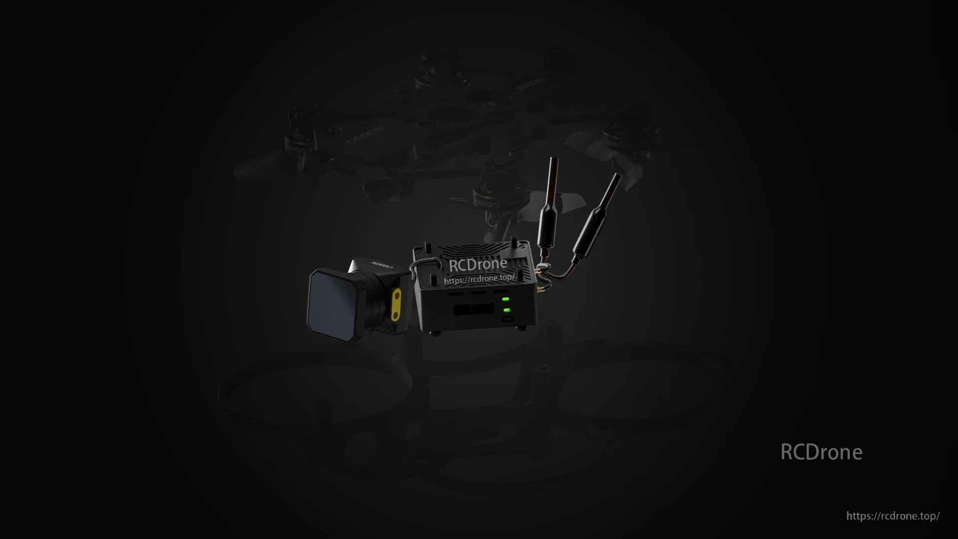 Close-up of the FPV camera and digital VTX module mounted to the drone frame with antenna leads