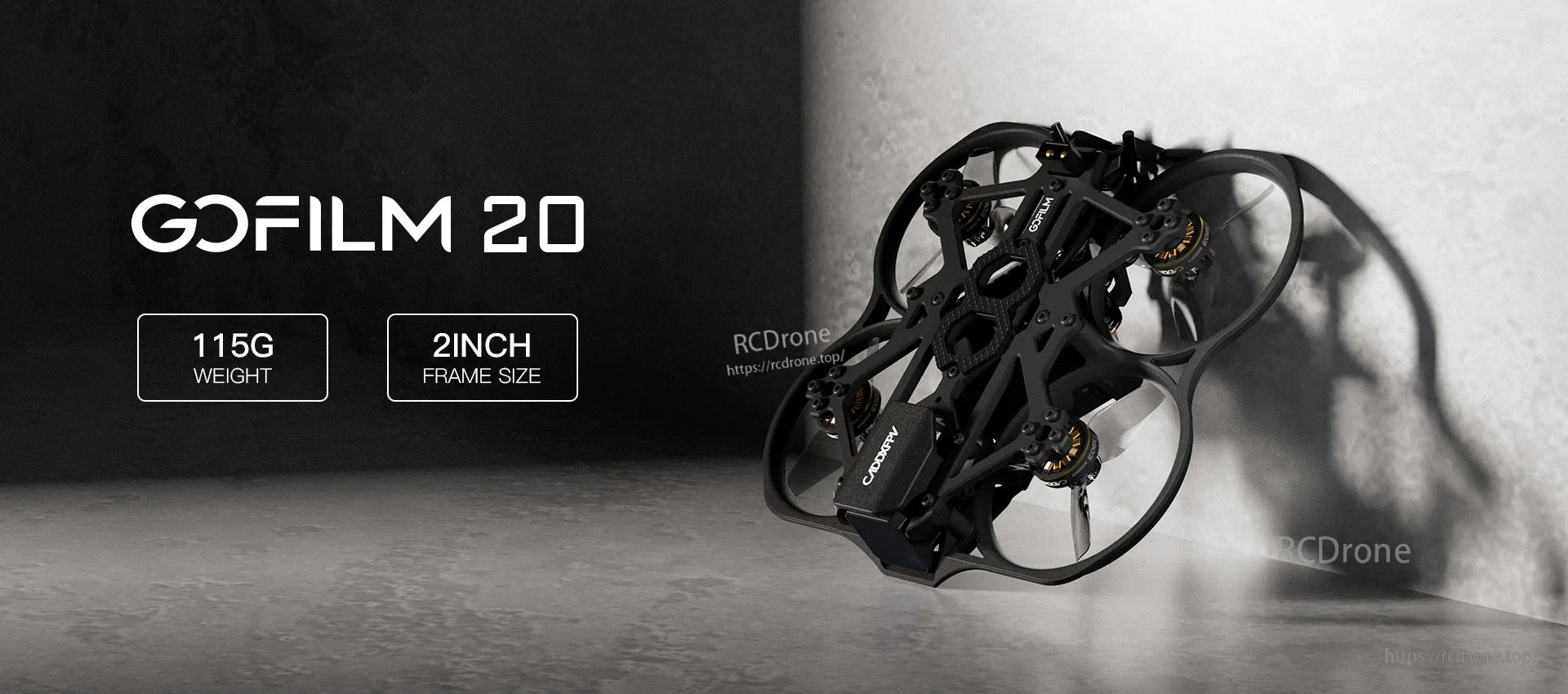 Gofilm 20 product graphic highlighting 115 g weight and 2-inch frame size beside the drone