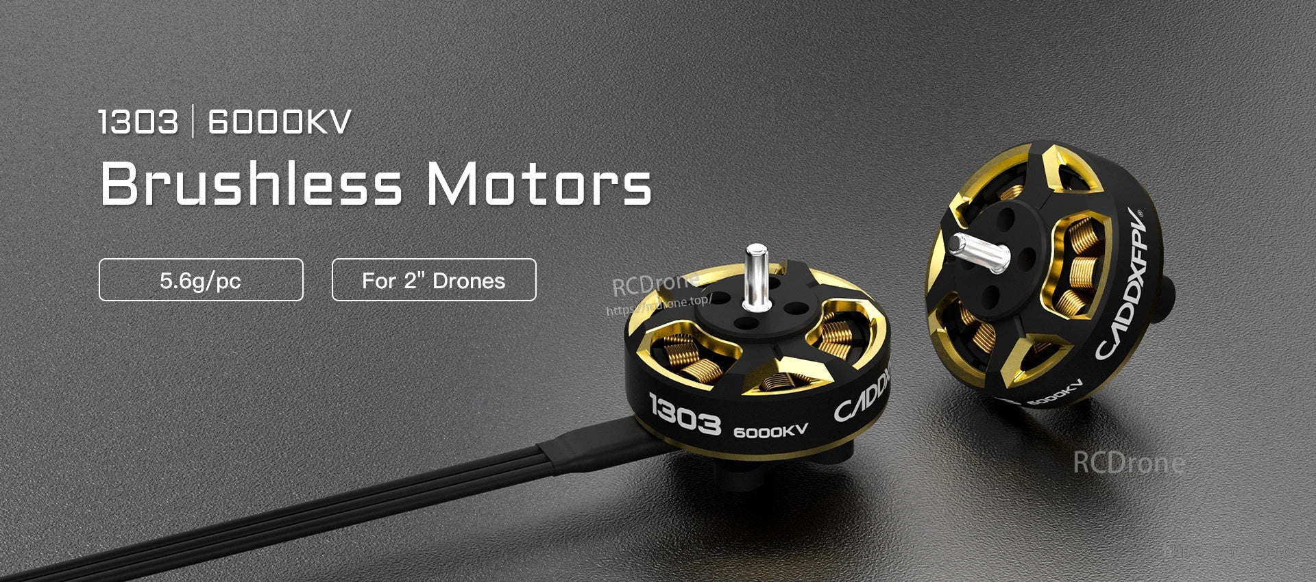 Pair of 1303 6000KV brushless motors in black and gold with cables, labeled for 2-inch drones
