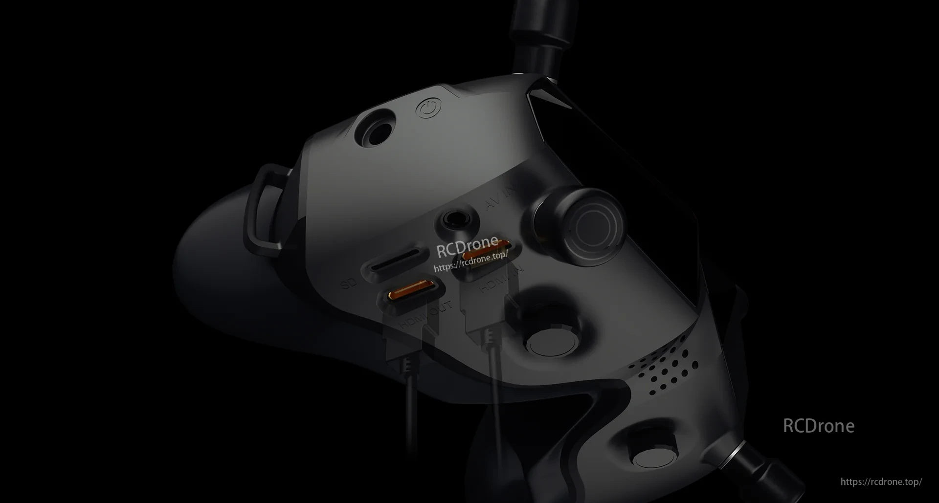 Angled view of Walksnail goggles control side with ports and a rotary adjustment knob
