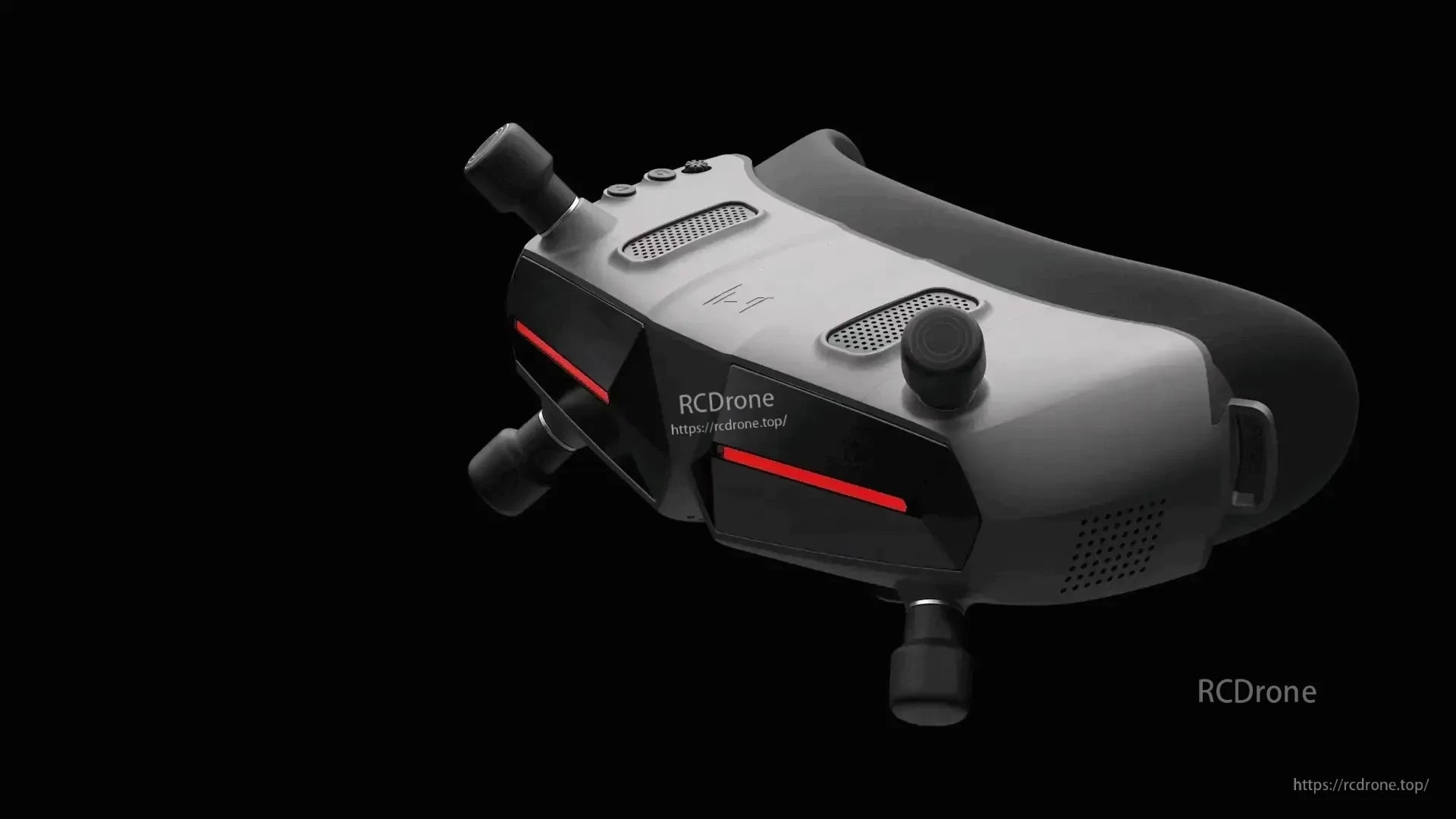Top and side view of the goggles with antenna mounts and red accent light strip on the front