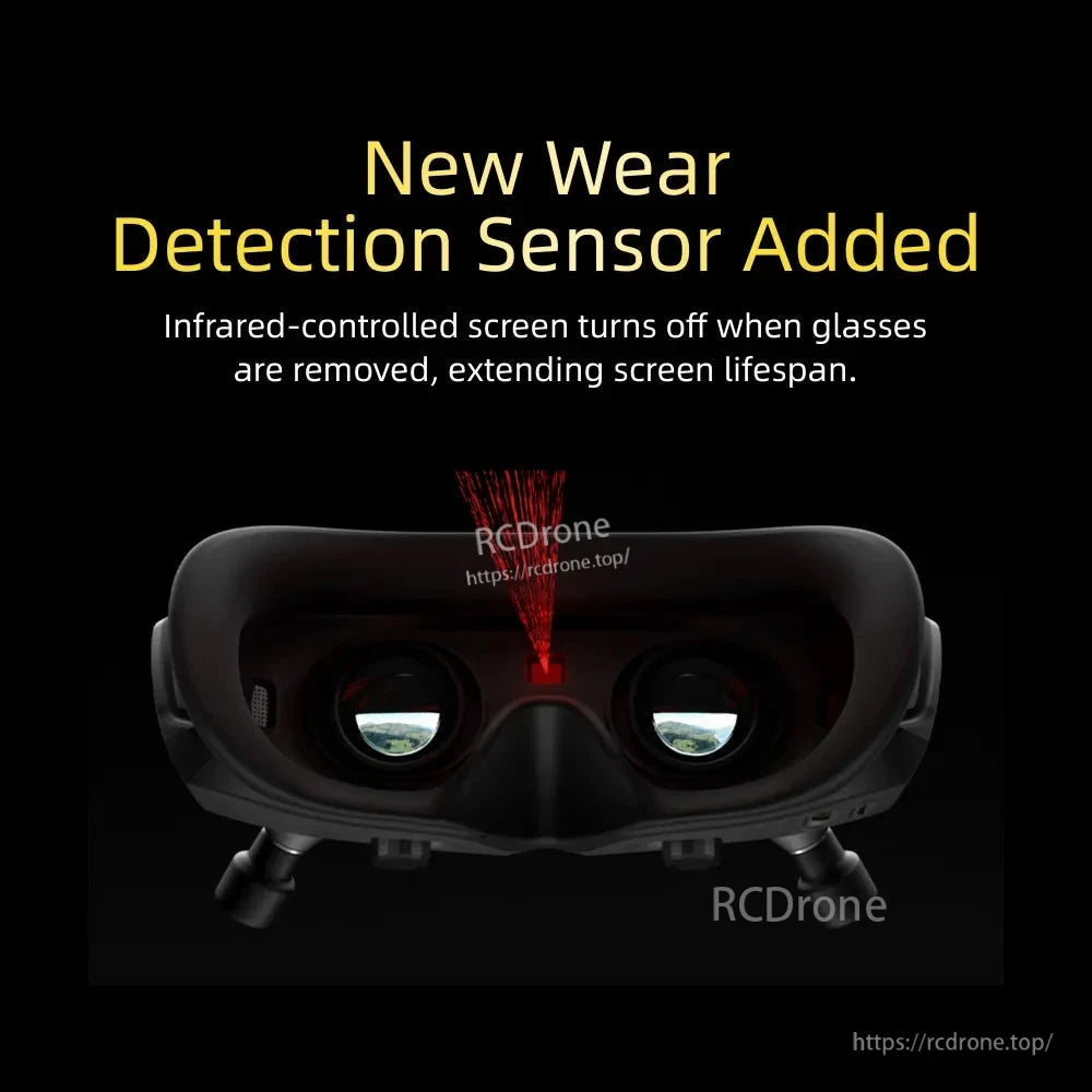 Wear detection sensor feature graphic: infrared control turns screen off when goggles are removed