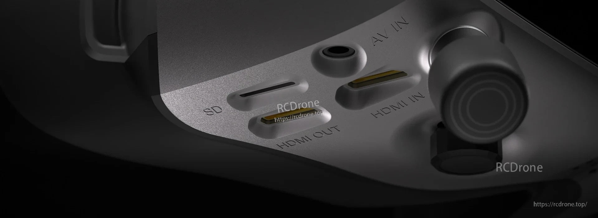 Walksnail Avatar HD Goggle I/O panel with Micro SD slot, HDMI in/out ports, and AV IN input
